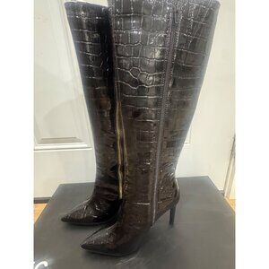 INC Sabrinaa Black Faux Croc Knee-High Stiletto Boots With Side Zipper - Womens